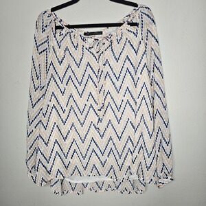 Rose & Olive Womens 2X Blue Pink Peasant Blouse Lined Top Neck Tie Casual Ladies